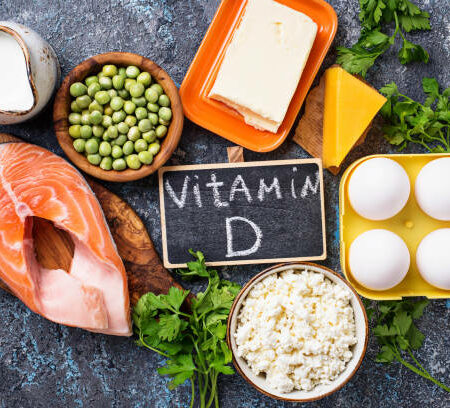 Healthy foods containing vitamin D. Top view